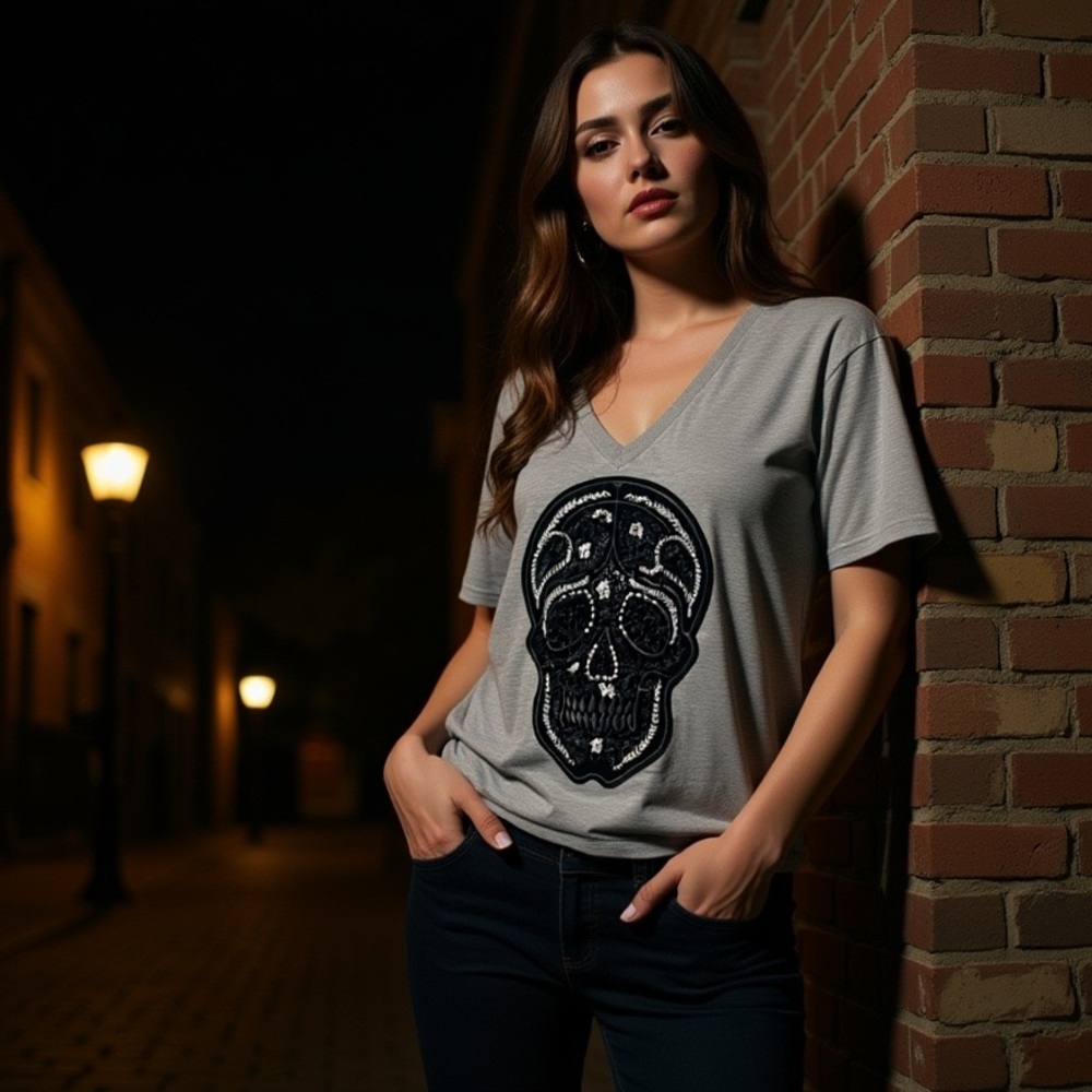Black Skull Hanes Heather Gray V-Neck Size 2XL